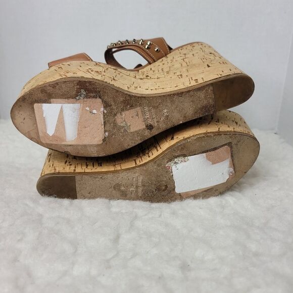Miu Miu Women's Size 8.5 Brown Studded Spike Ankle Cork Platform Wedge  Sandals - Picture 9 of 9